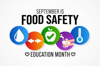 September is Food Safety Education Month vector image with 5 food safety icon images for washing products, separation, food examination, hand washing, and temperature control