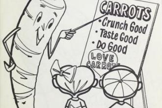 A page from the ‘Dan and Sue meet friendly foods’ coloring book.  