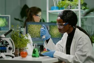 Researcher taking genetic solution from test tube with micropipette putting in petri dish working in a laboratory.