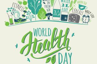 World Health Day vector image with words typed at bottom and healthy images on the top