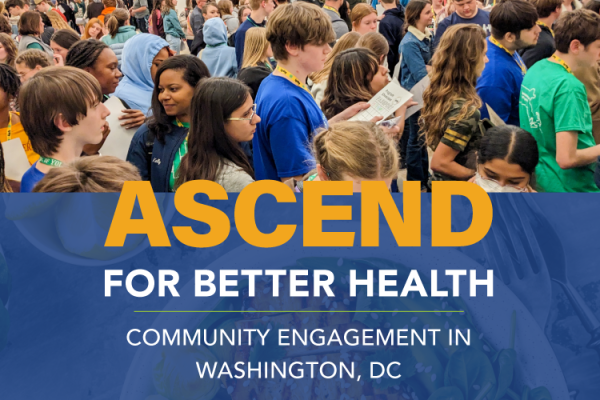 A large group of youth congregating on top of text: ASCEND for Better Health. Community Engagement in Washington, DC 